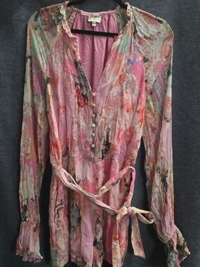 Floral Pink Long-Sleeve Button Front Women's Dress